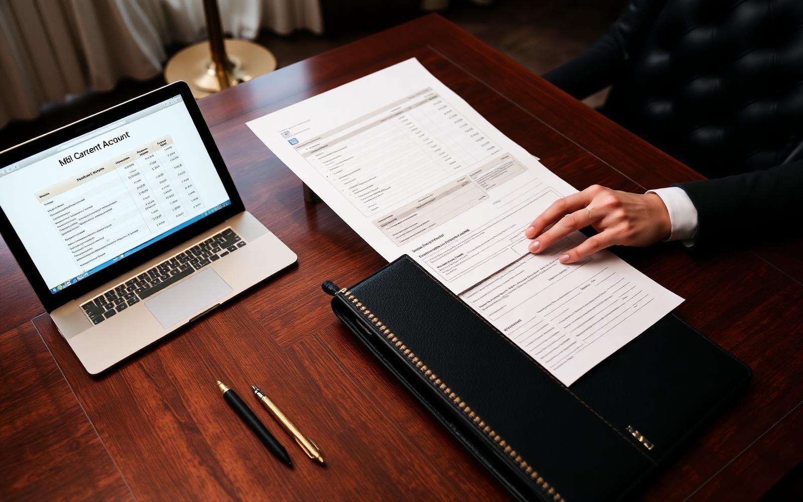 Corporate monthly invoice, laptop showing ride reports, black leather portfolio and gold pen on walnut desk