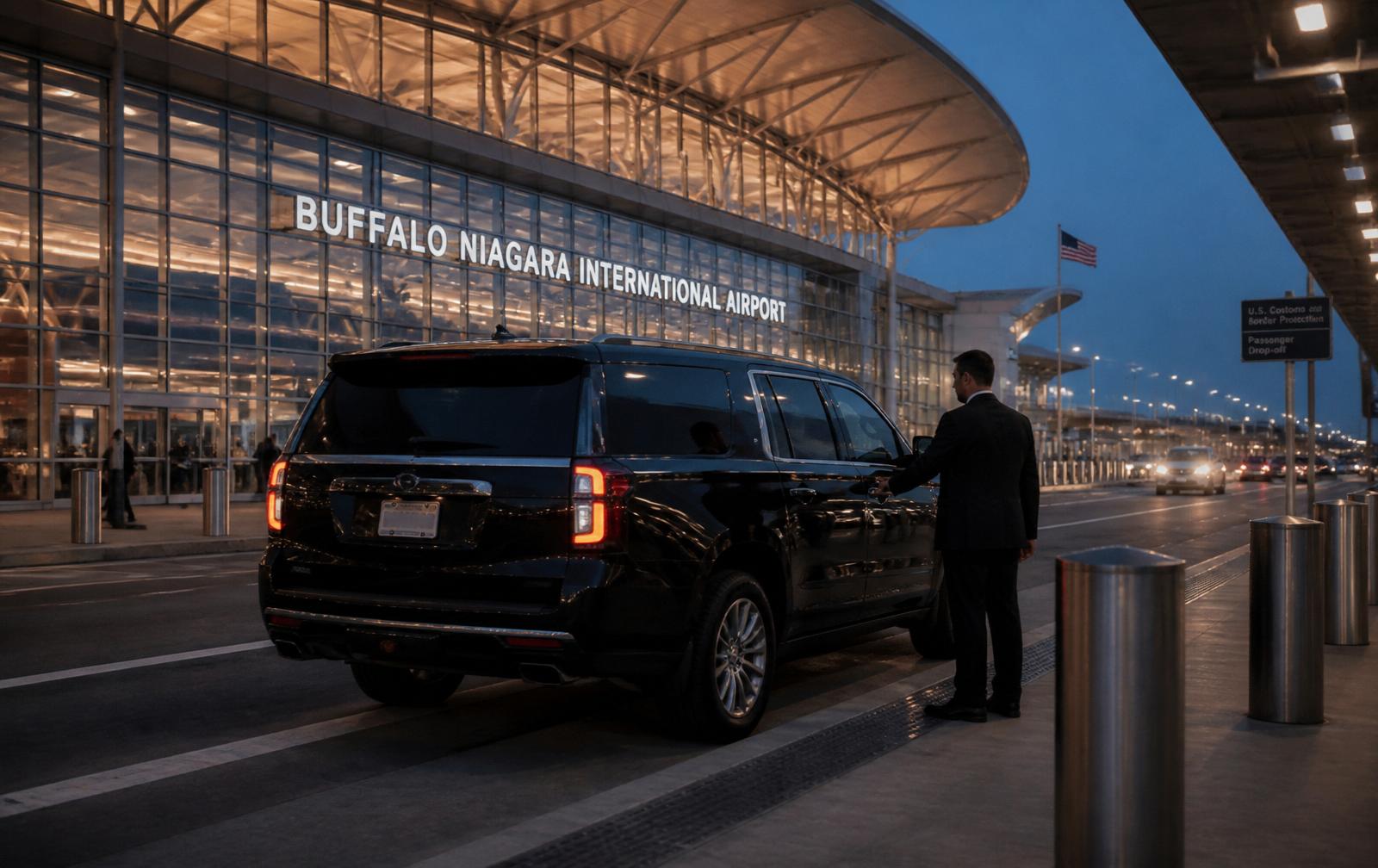 Black GMC Yukon SUV at Buffalo Niagara International Airport terminal at dusk