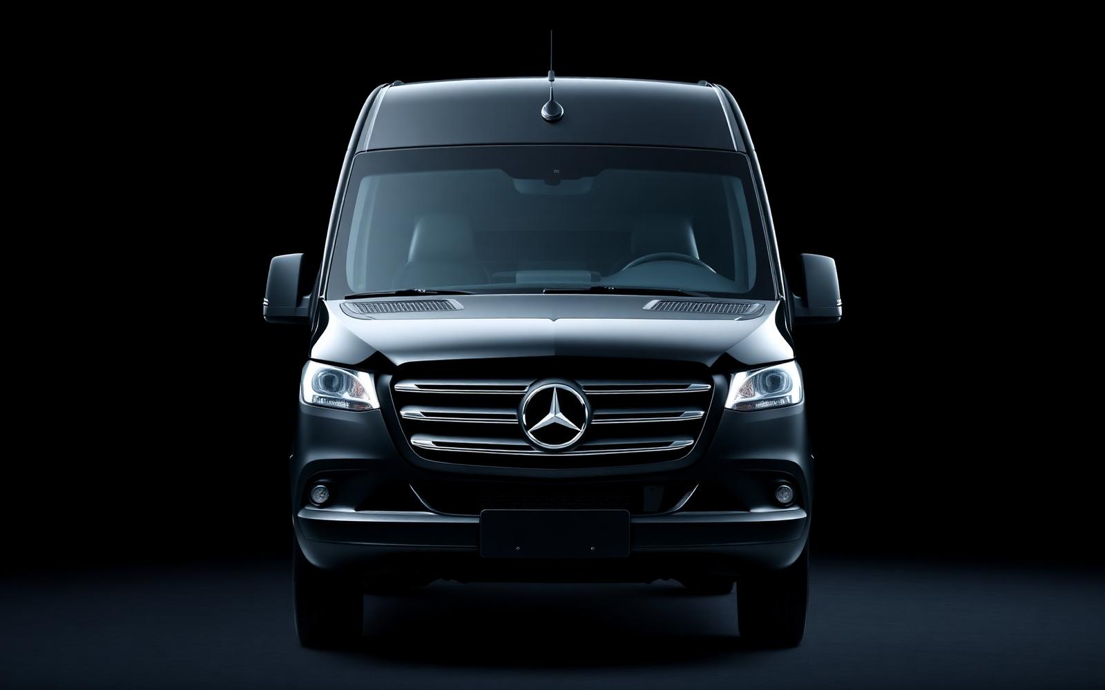 Front studio portrait of a black Mercedes-Benz Sprinter luxury passenger van with chrome three-pointed grille
