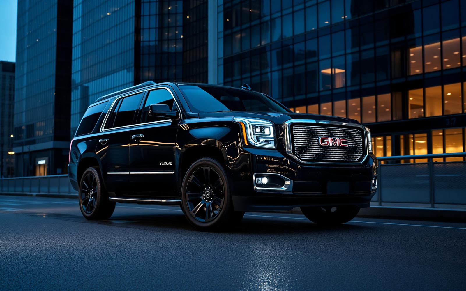 Black GMC Yukon Denali luxury SUV in Toronto financial district for airport chauffeur service