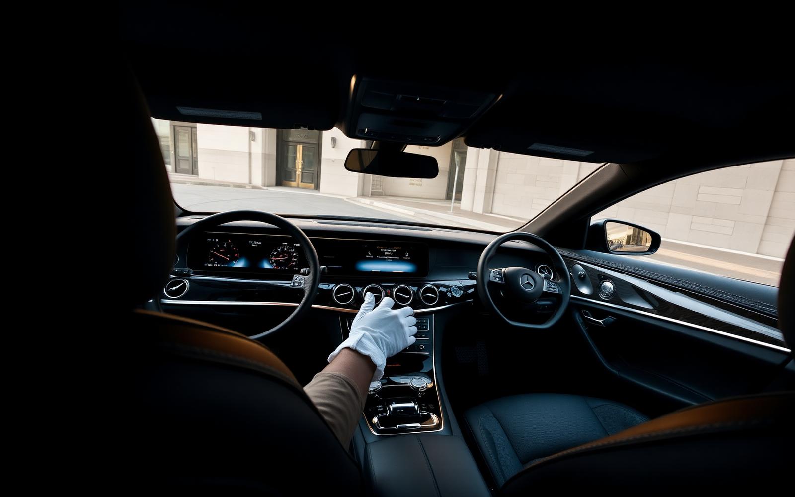 Interior front cabin of a Mercedes-Benz E-Class chauffeur sedan showing digital displays, ambient lighting and a gloved chauffeur hand on the wheel