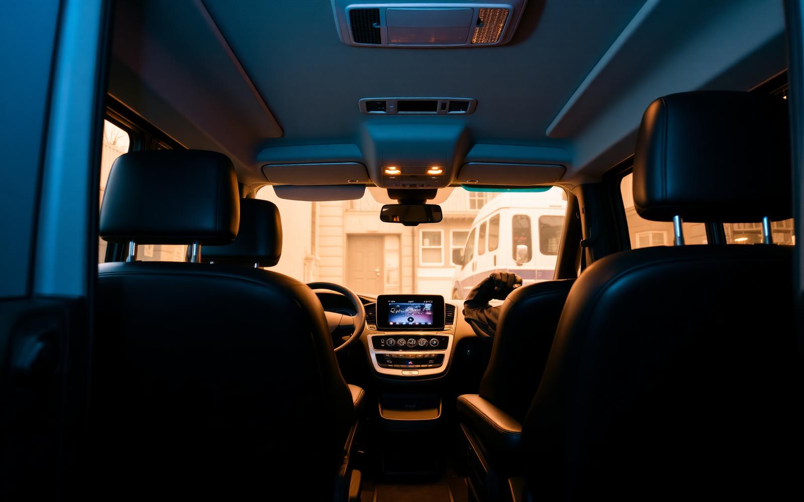 Interior front cabin of a Mercedes-Benz Sprinter with MBUX display, black leather captain seats and a chauffeur gloved hand on the wheel