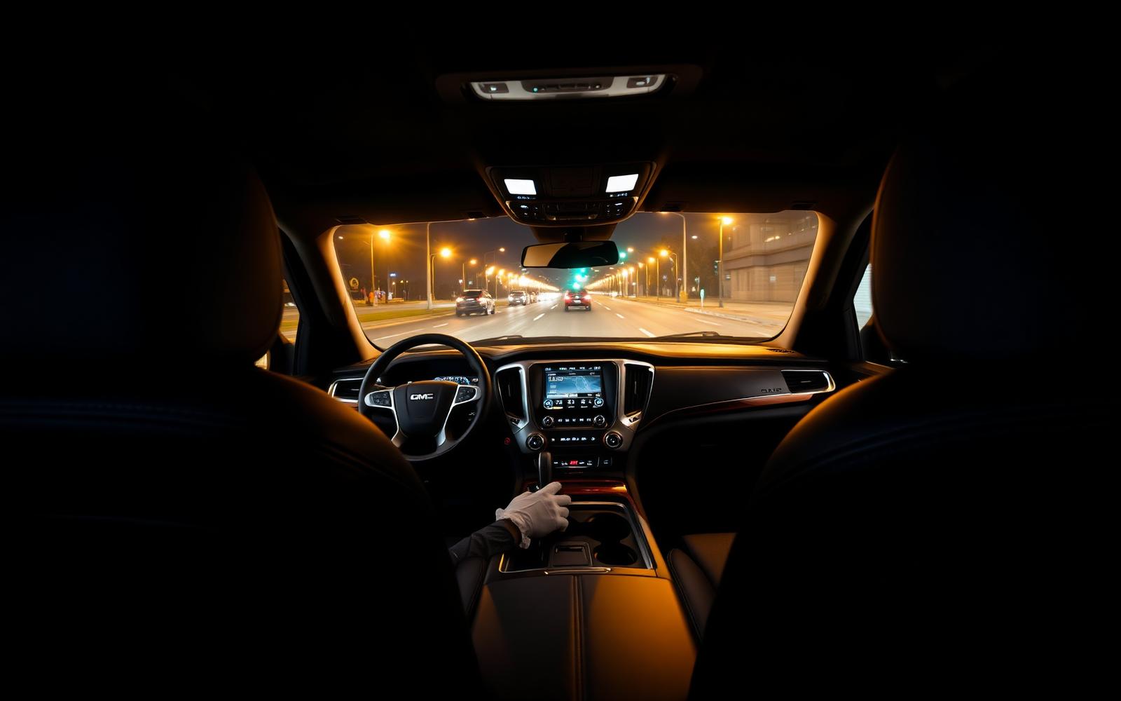 Interior front cabin of a GMC Yukon Denali with black leather, wood trim and a chauffeur's gloved hand on the wheel at night