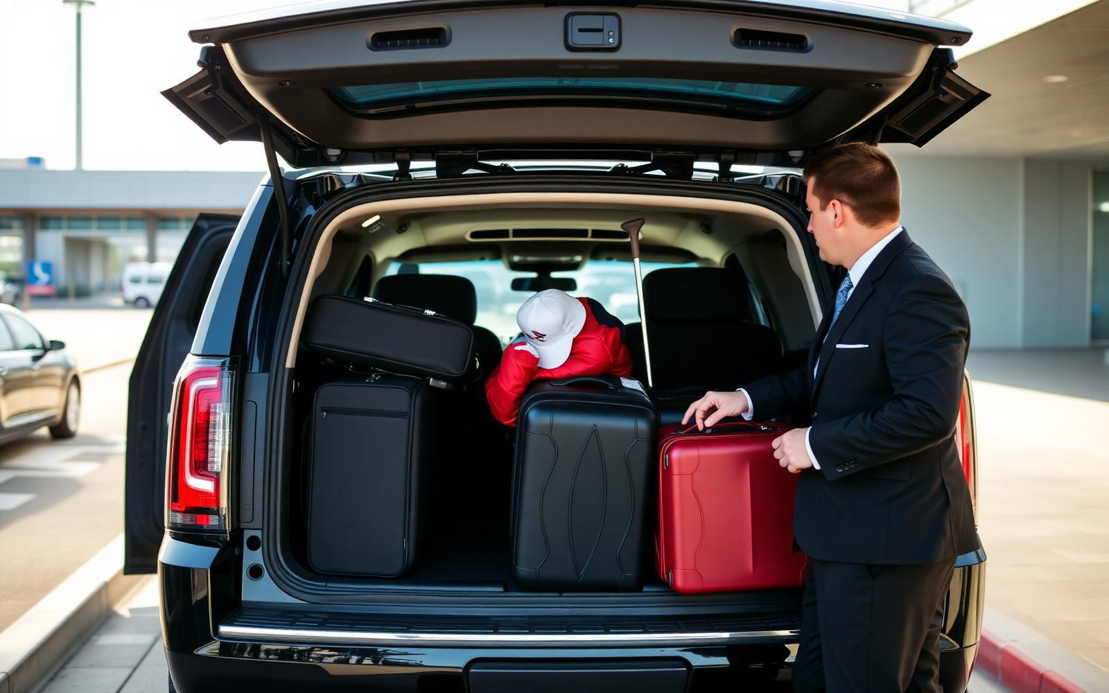 Suited chauffeur loading multiple large suitcases into the wide-open cargo area of a black GMC Yukon Denali at Toronto Pearson departures