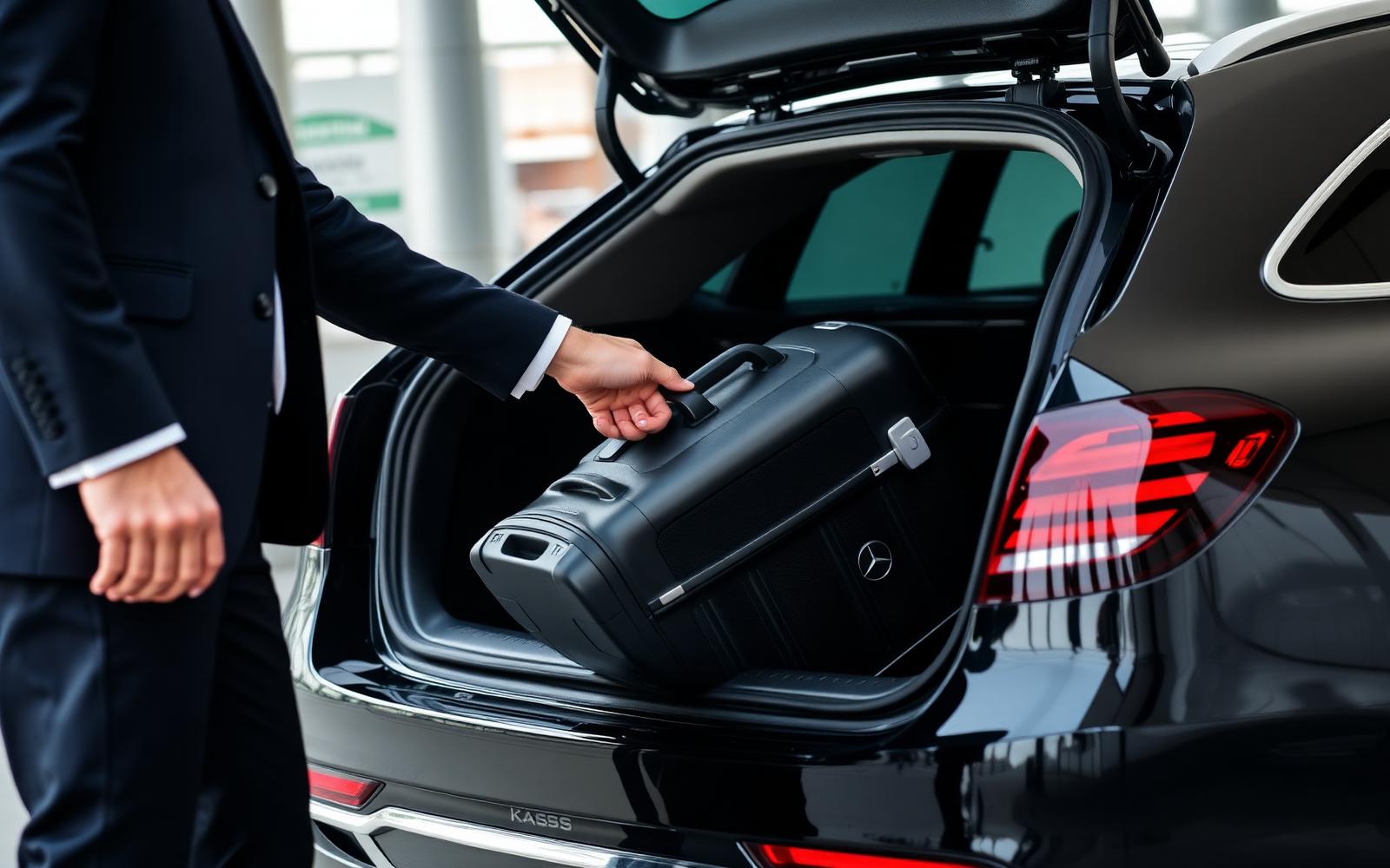 Suited chauffeur loading a premium hardshell suitcase into the trunk of a black Mercedes-Benz E-Class at Toronto Pearson departures