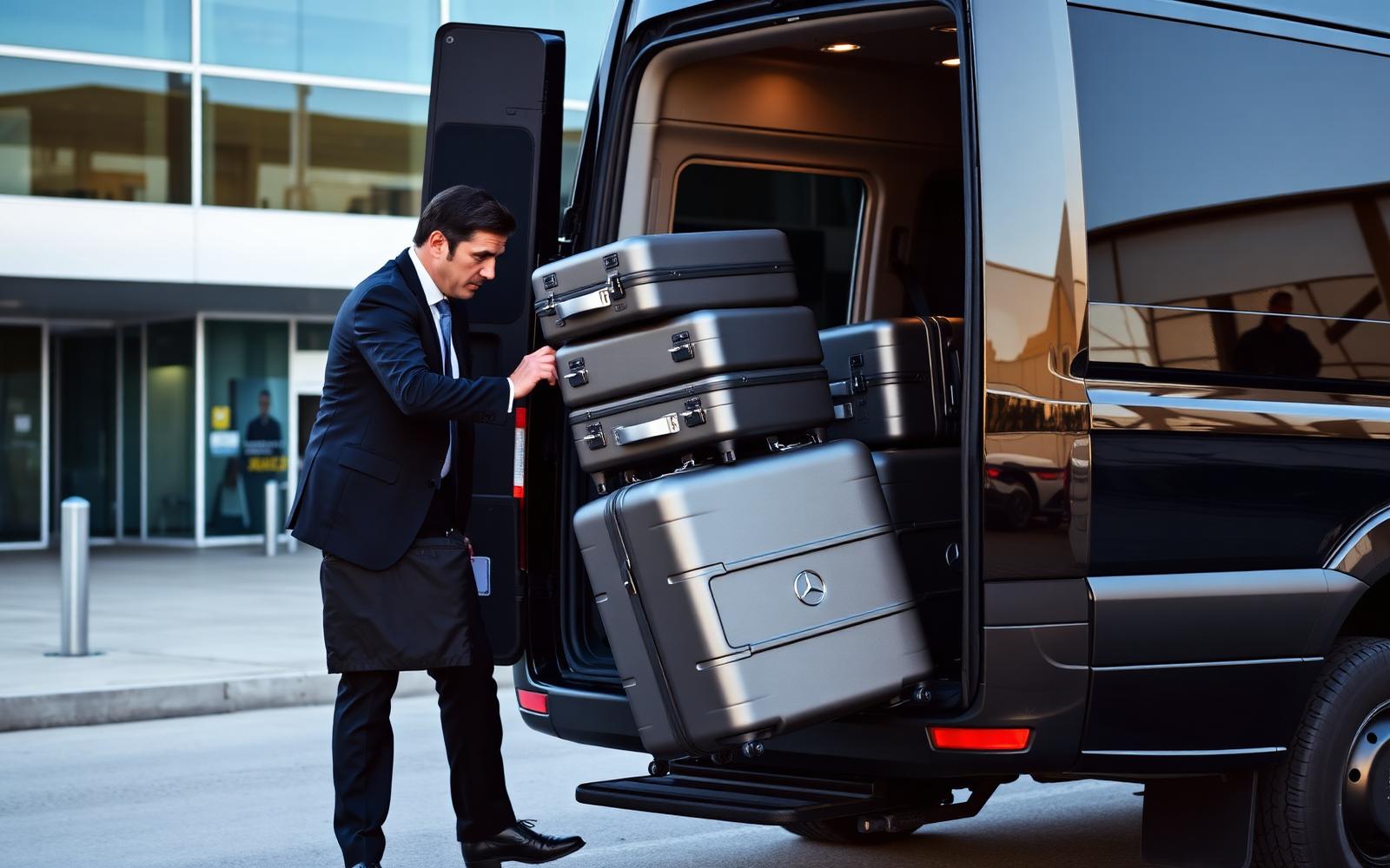 Suited chauffeur loading a stack of matching hardshell suitcases into the rear cargo area of a black Mercedes-Benz Sprinter luxury van at Toronto Pearson departures