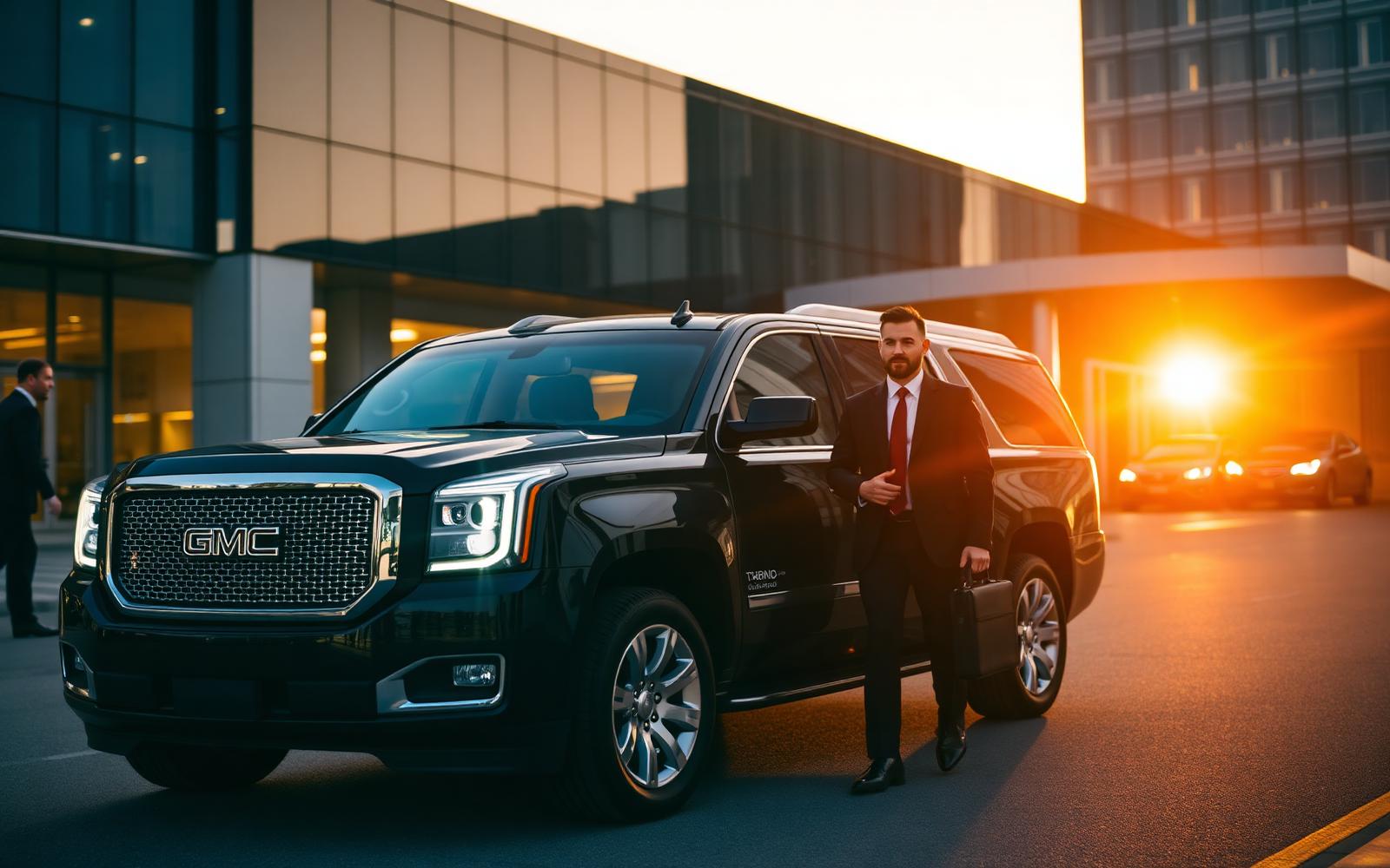 Black GMC Yukon SUV outside a downtown Toronto convention centre at golden hour with executives boarding