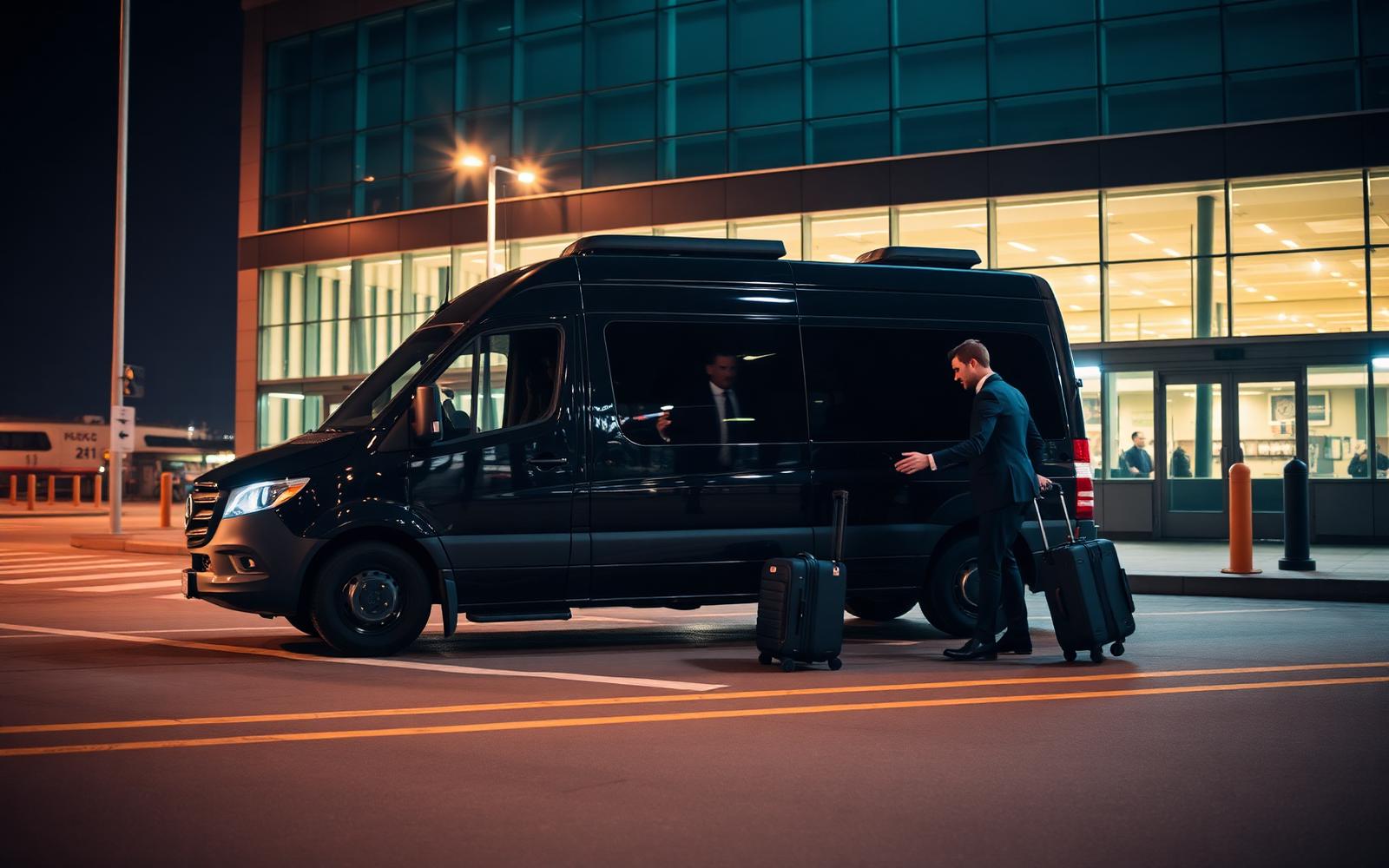 Black Mercedes-Benz Sprinter luxury van at Toronto Pearson Terminal 1 arrivals at night with the side door slid open and a chauffeur helping a corporate delegation board