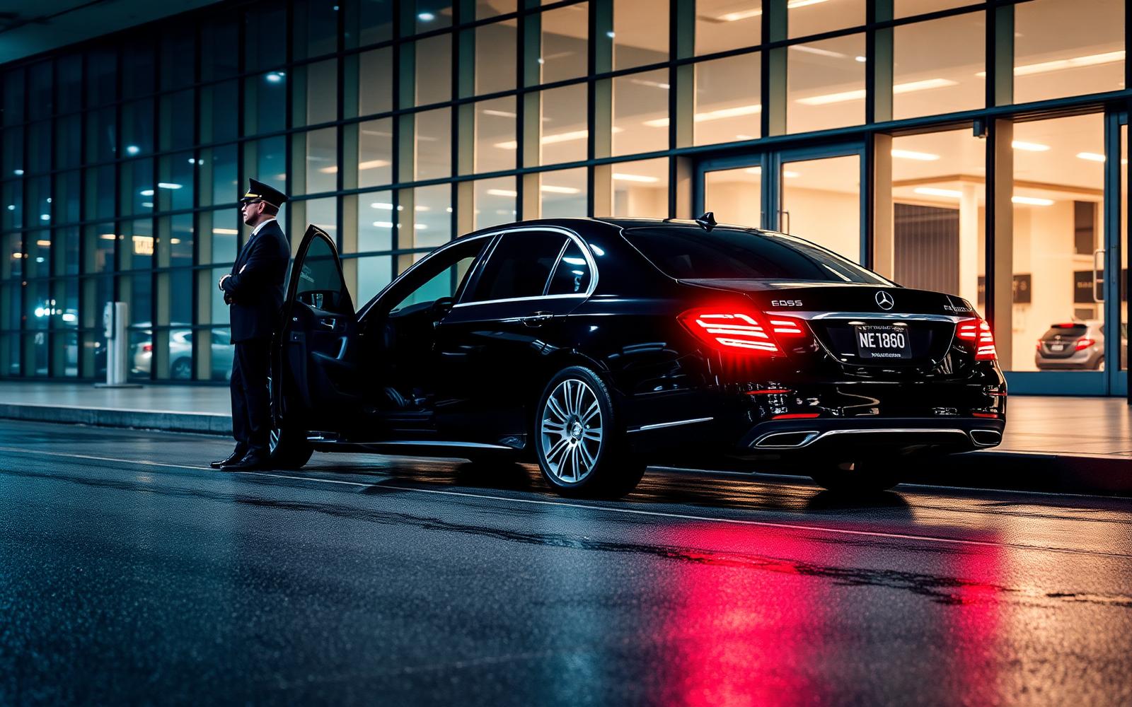 Suited chauffeur beside an open rear door of a black Mercedes-Benz E-Class at Toronto Pearson arrivals curb at night with wet reflective pavement