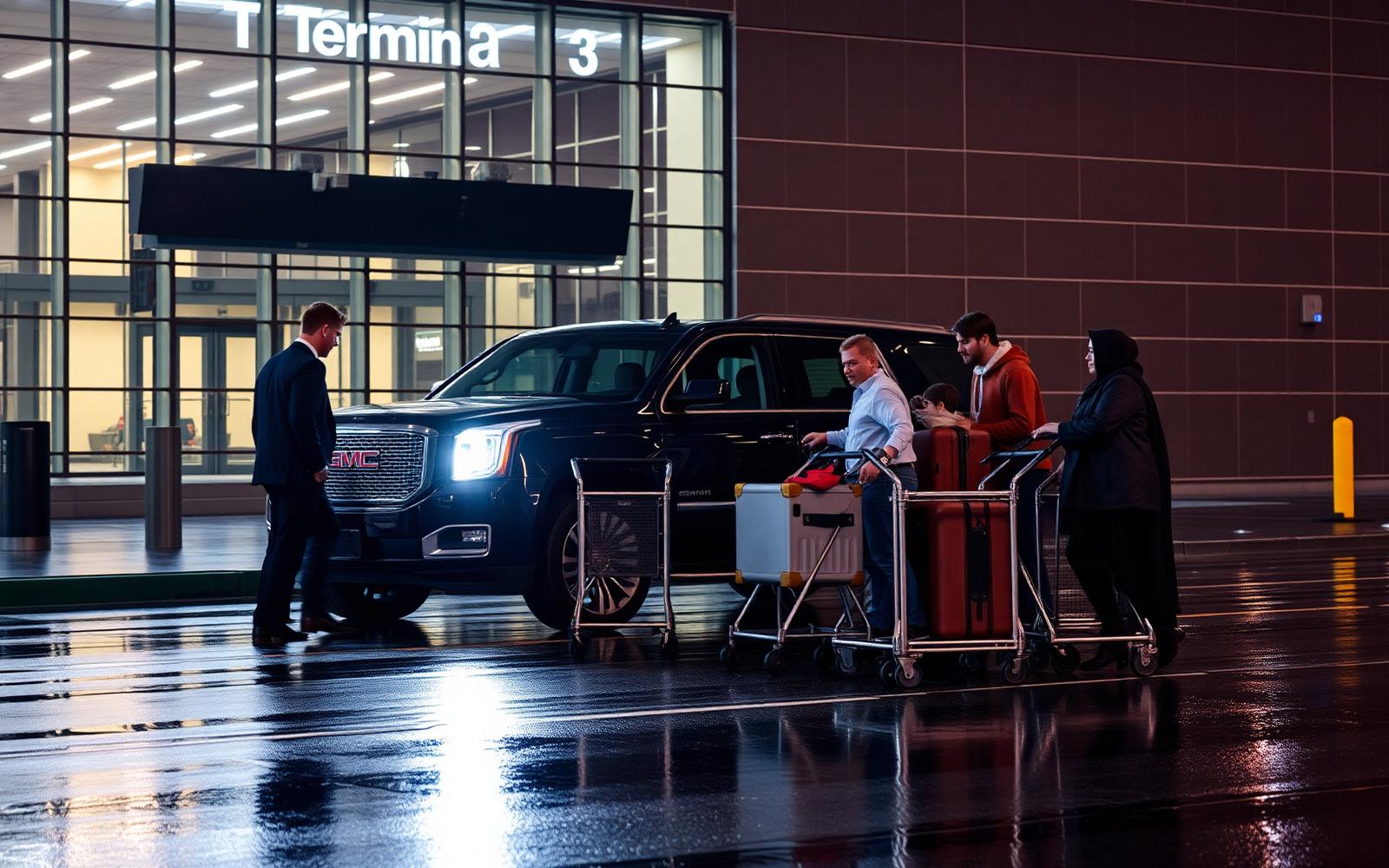 Black GMC Yukon Denali executive SUV at Toronto Pearson Terminal 3 arrivals at night with a family and luggage carts