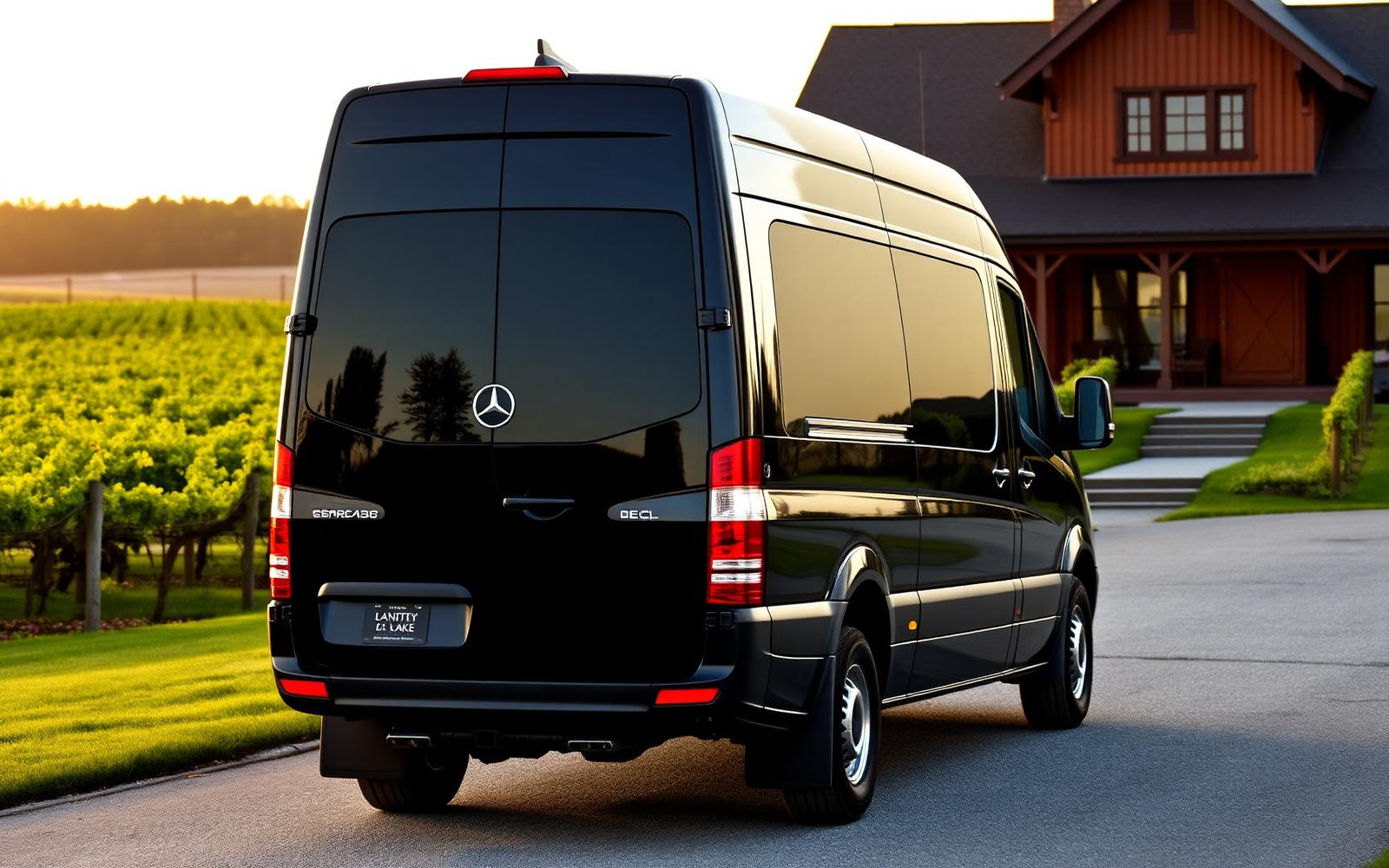 Rear three-quarter view of a black Mercedes-Benz Sprinter luxury passenger van parked outside a Niagara-on-the-Lake winery estate at golden hour