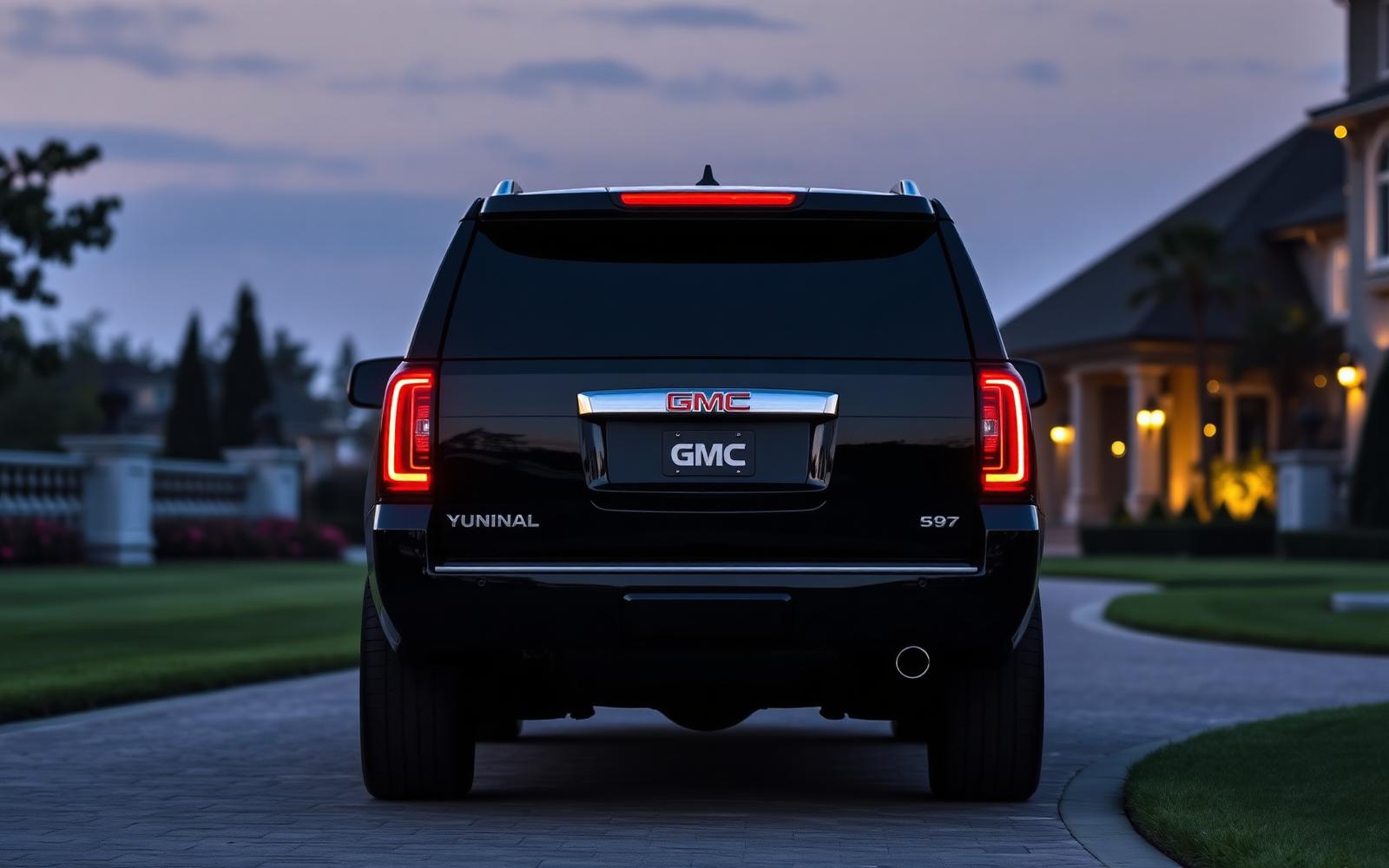 Rear three-quarter view of a black GMC Yukon Denali luxury SUV parked on a private mansion driveway at dusk