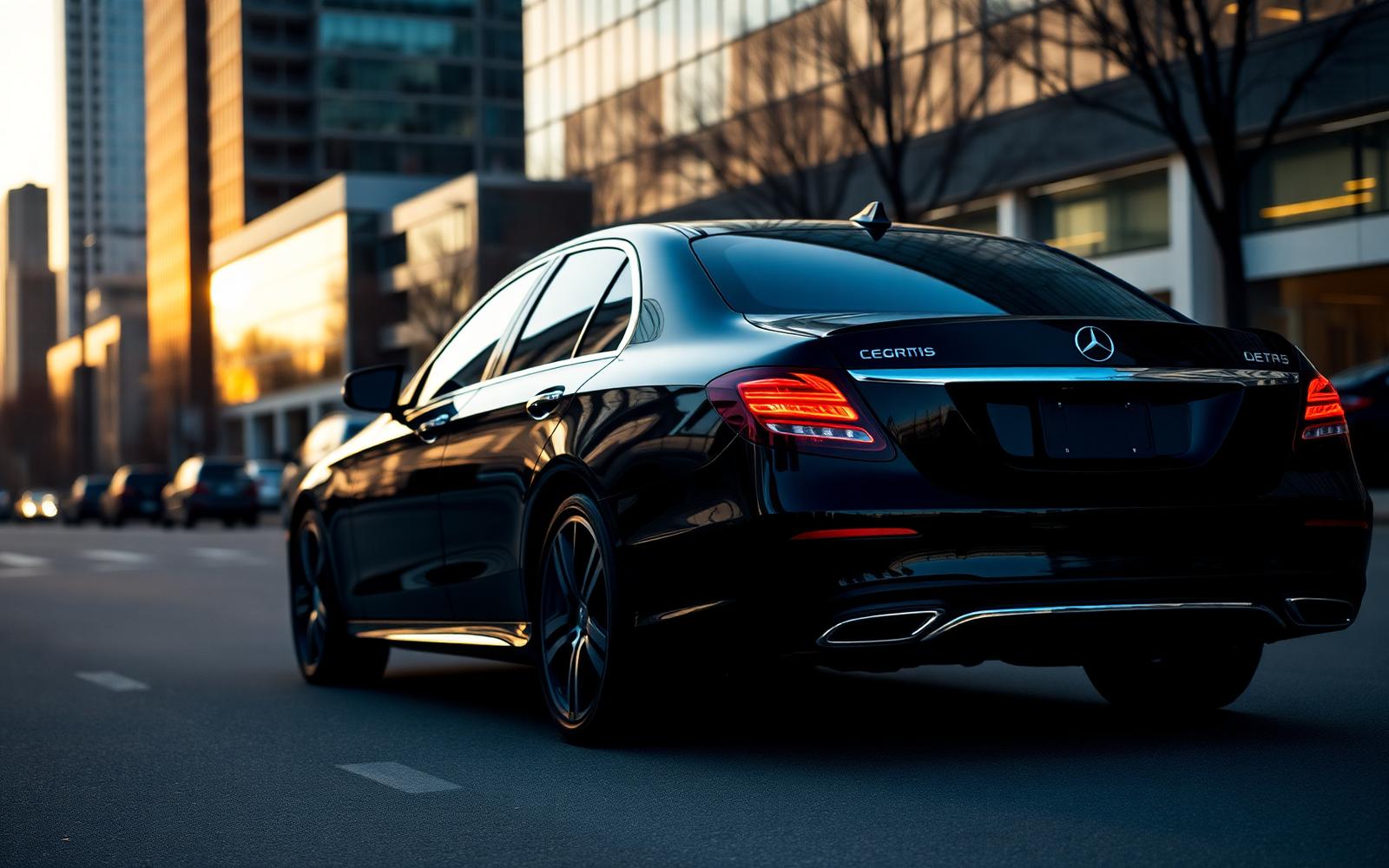 Rear three-quarter view of a black Mercedes-Benz E-Class chauffeur sedan on a downtown Toronto street at golden hour
