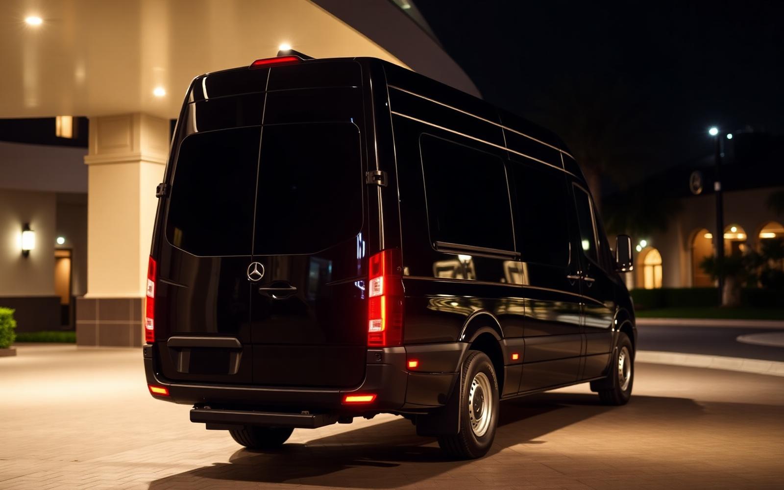 Straight rear view of a black Mercedes-Benz Sprinter luxury passenger van at night in a lit hotel porte-cochère