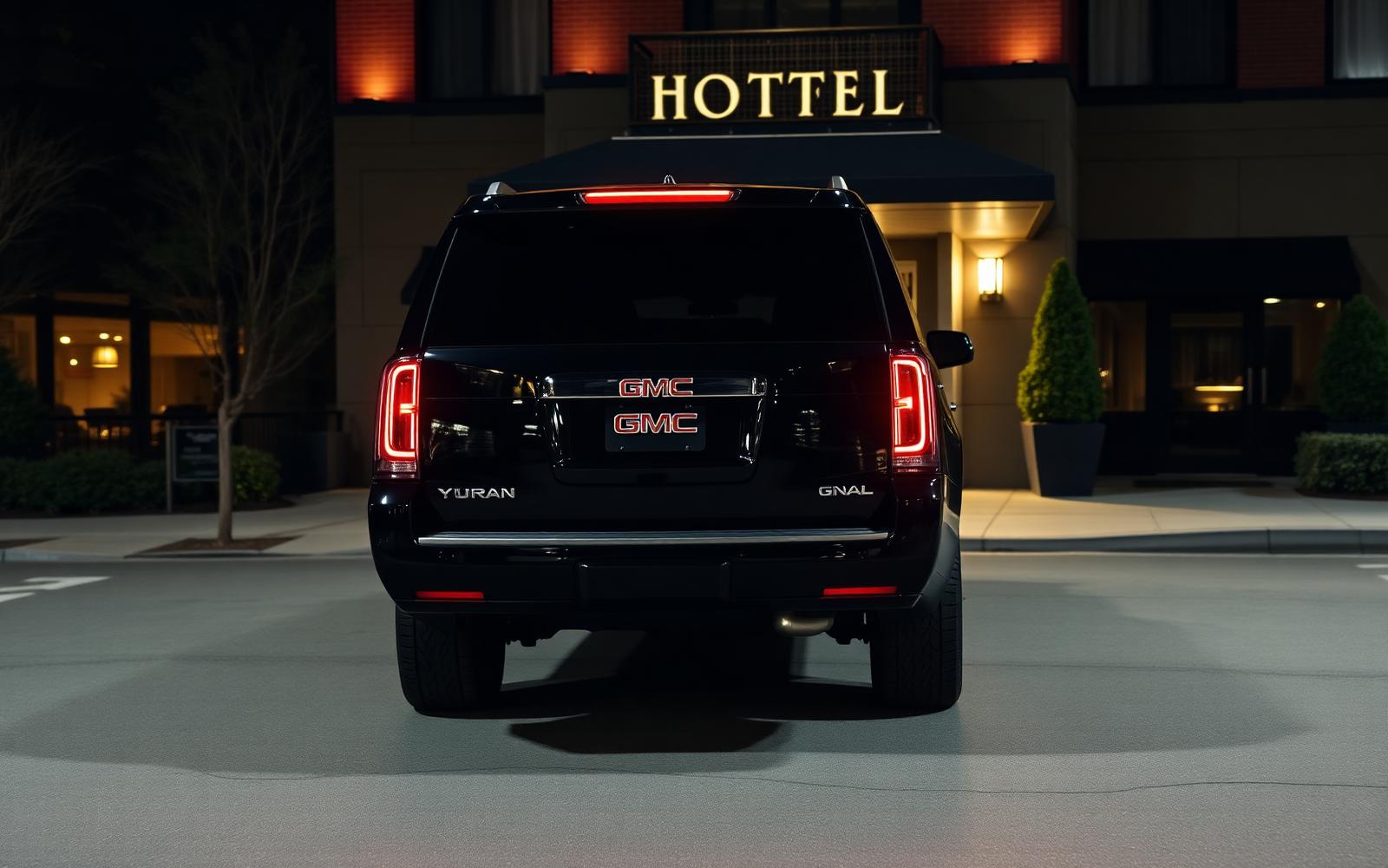 Straight rear view of a black GMC Yukon Denali luxury SUV at the driveway of a boutique Toronto hotel at night with taillights aglow