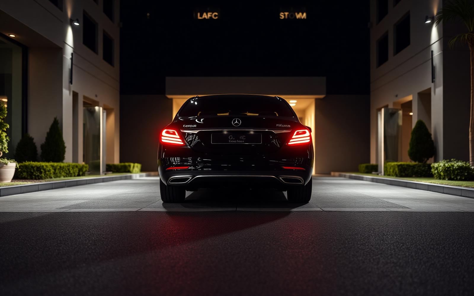 Straight rear view of a black Mercedes-Benz E-Class executive sedan parked at a luxury hotel driveway at night with taillights lit