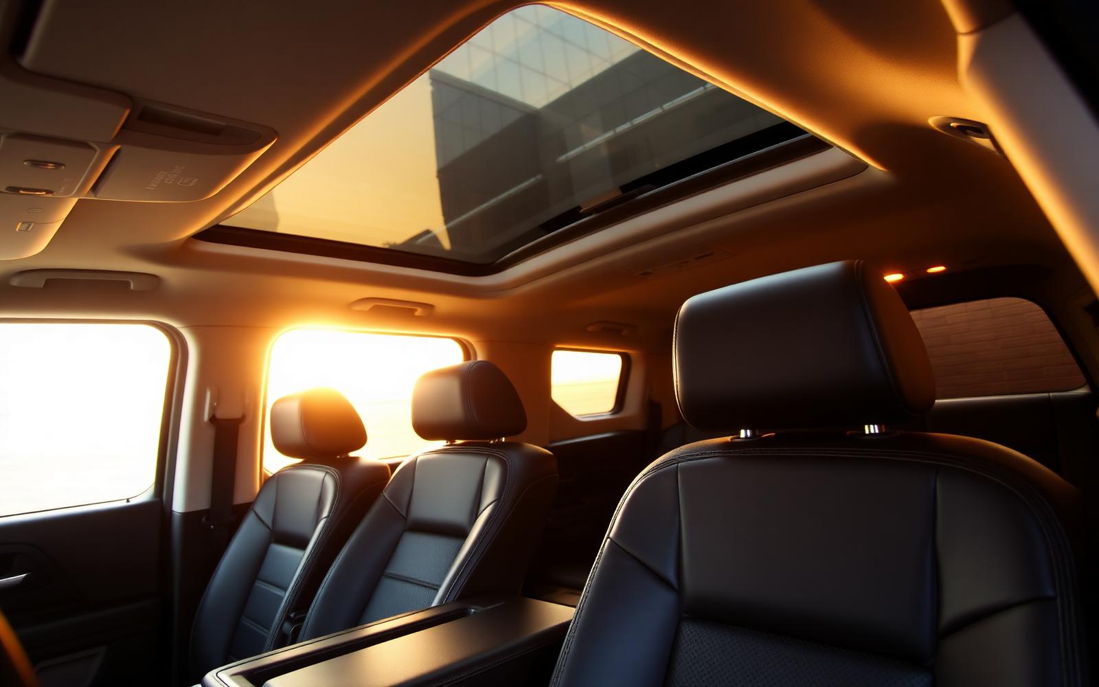 Second-row captain chairs of a GMC Yukon Denali with panoramic sunroof and rear climate controls