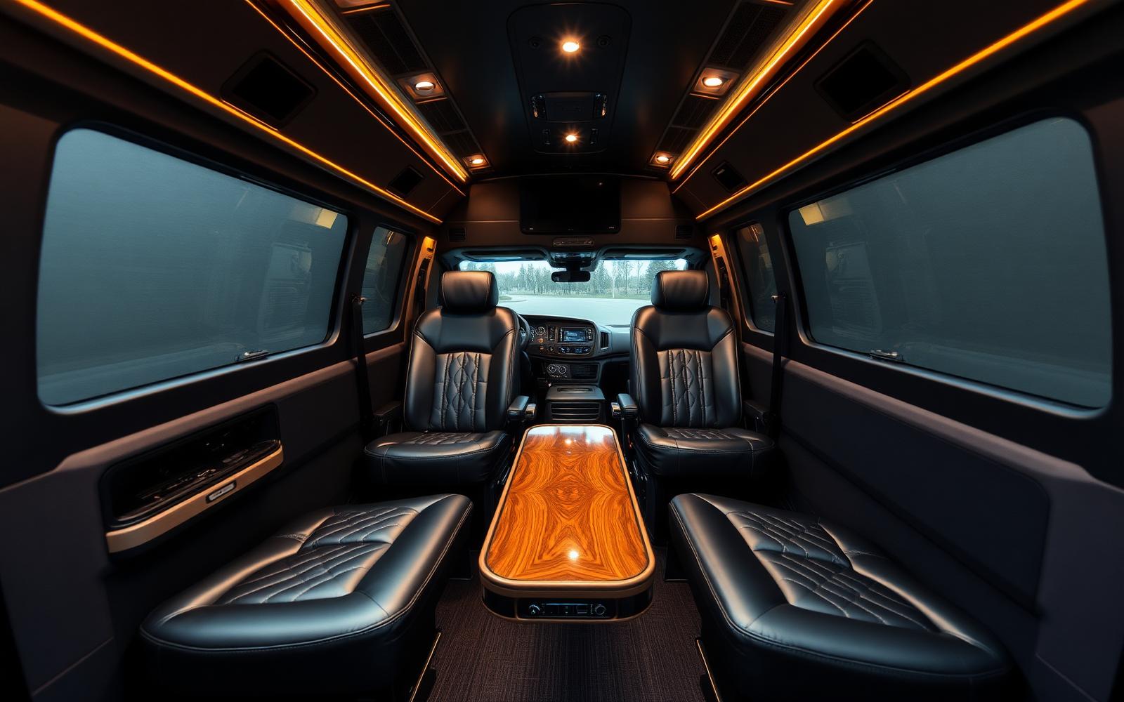 Rear passenger cabin of a luxury Mercedes-Benz Sprinter with facing captain chairs, polished walnut table and ambient warm lighting