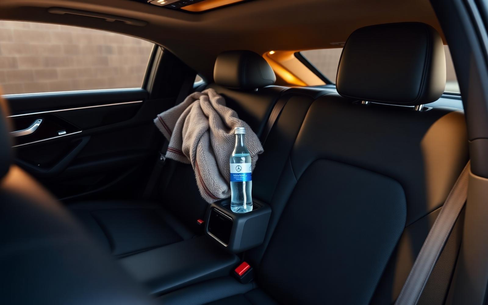 Rear passenger cabin of a Mercedes-Benz E-Class with black nappa leather seats, cashmere throw and complimentary bottled water