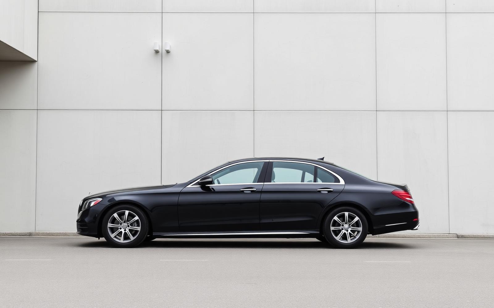 Perfect side profile of a black Mercedes-Benz E-Class chauffeur sedan against a soft concrete architectural wall