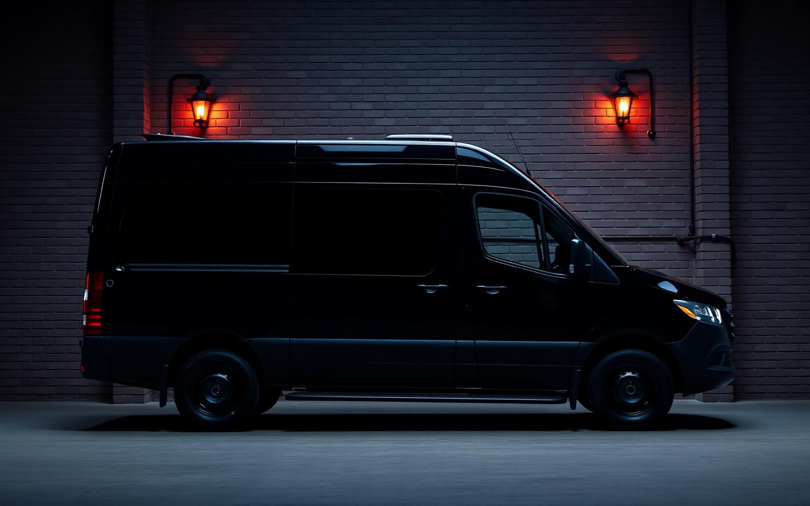 Perfect side profile of a black Mercedes-Benz Sprinter high-roof luxury passenger van against a warm-lit warehouse brick wall