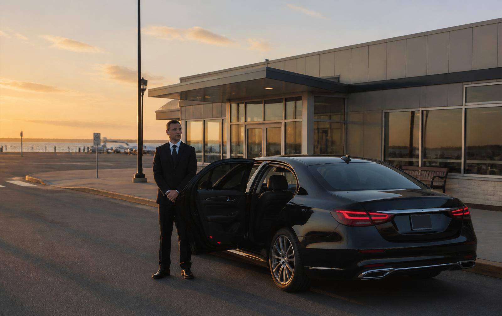 Black executive sedan at Kingston Norman Rogers Airport terminal at golden hour