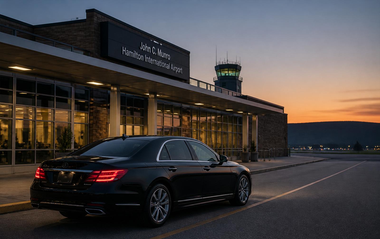 Black Mercedes-Benz sedan at John C. Munro Hamilton International Airport terminal at dusk