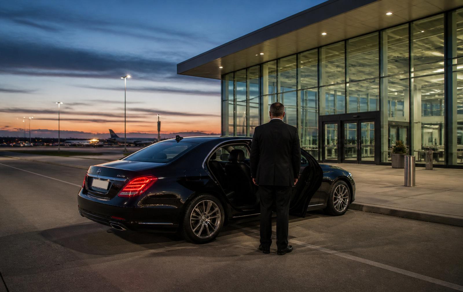 Black Mercedes-Benz sedan at Region of Waterloo International Airport terminal at dusk