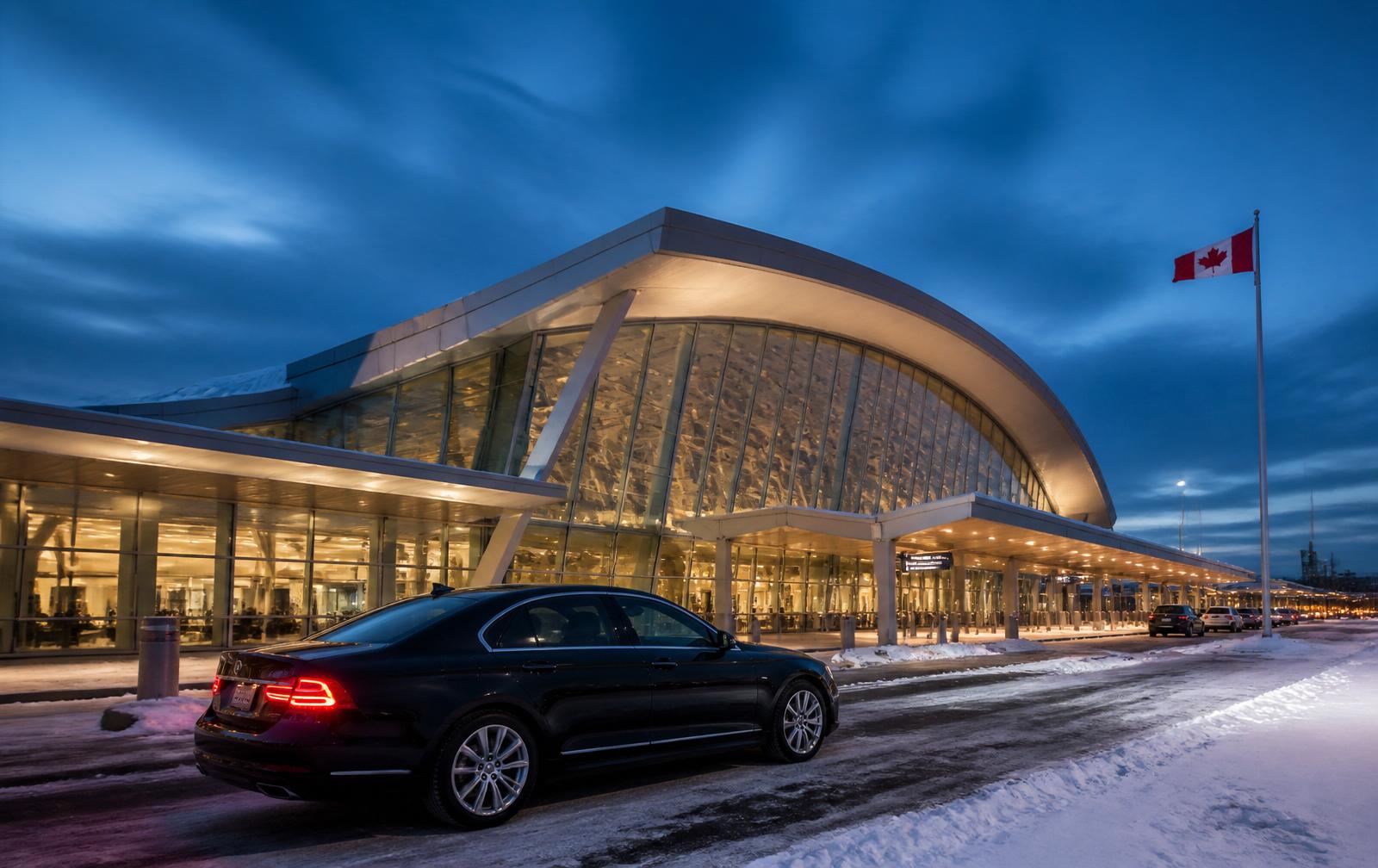 Black executive sedan at Ottawa Macdonald-Cartier International Airport terminal at dusk