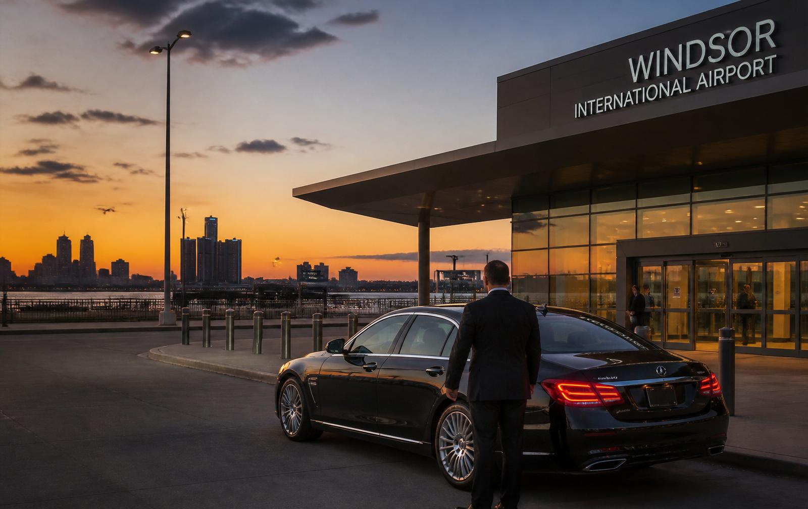 Black executive sedan at Windsor International Airport with Detroit skyline at sunset