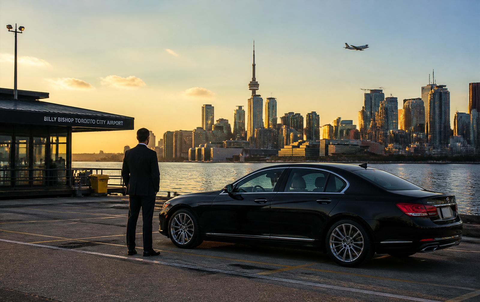 Black executive sedan at Billy Bishop Toronto City Airport ferry terminal with CN Tower behind