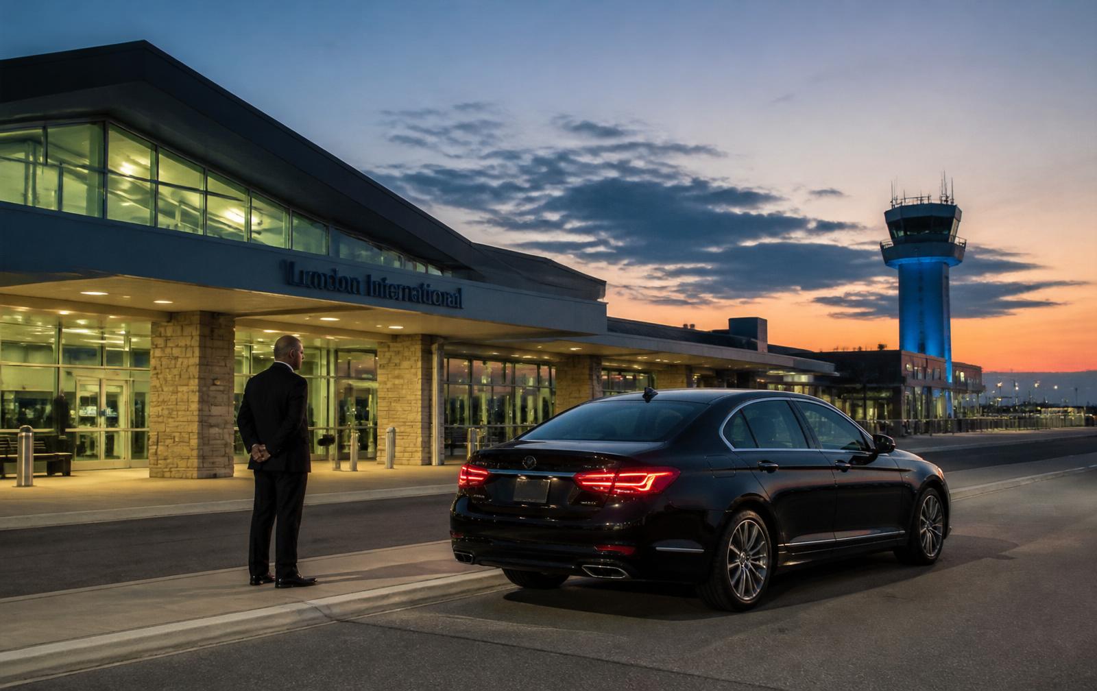 Black executive sedan at London International Airport Ontario terminal at dusk